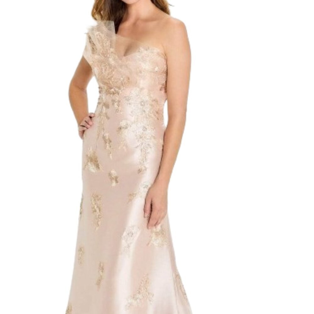 Montage by Mon Cheri Blush and Gold One-Shoulder Prom Gown